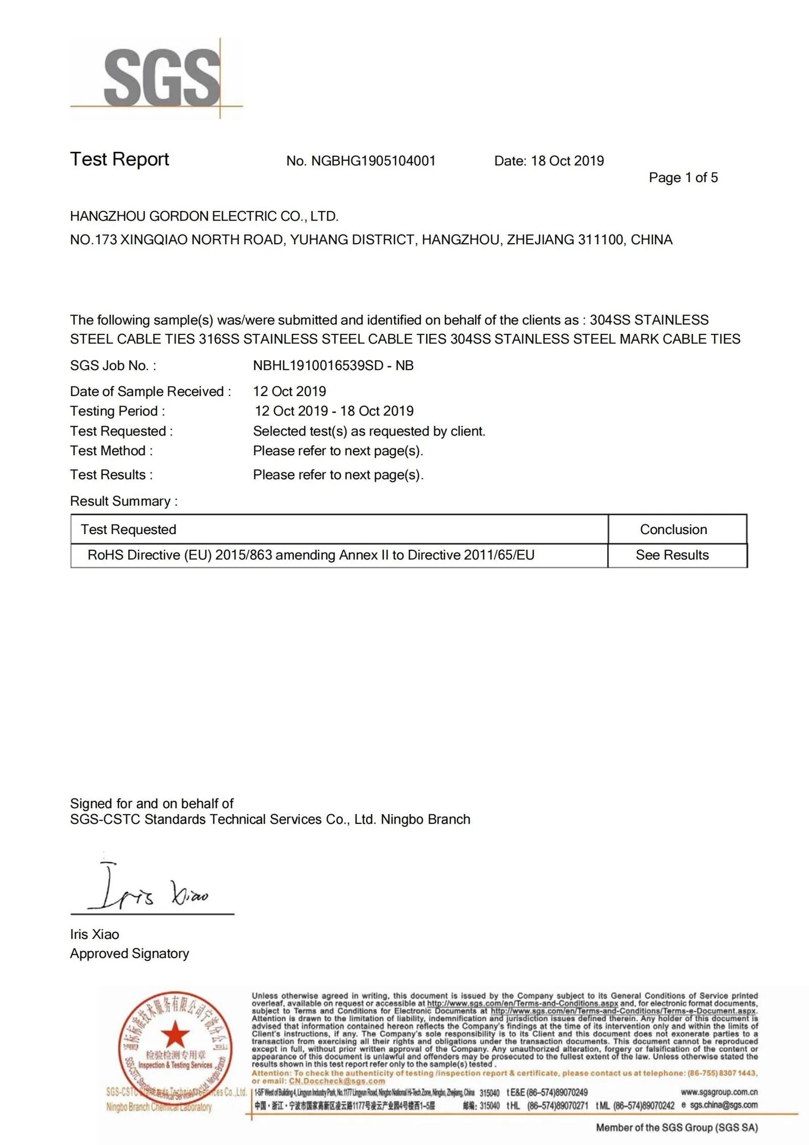 Stainless Steel Cable Tie Certificate Stainless Steel Cable Tie Certificate